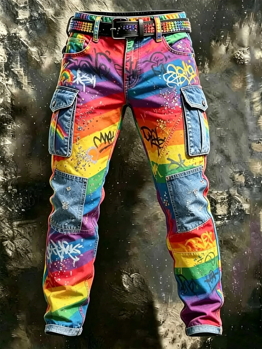 Men's Retro Pride Month Rainbow Art Print Casual Workwear Trousers